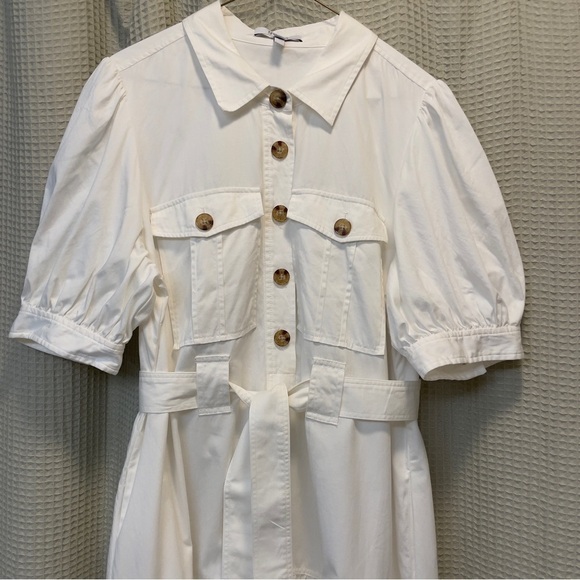 Derek Lam 10 Crosby White Utility Midi Dress - Size 14 Belted Puff Sleeve​​ - Picture 4 of 5